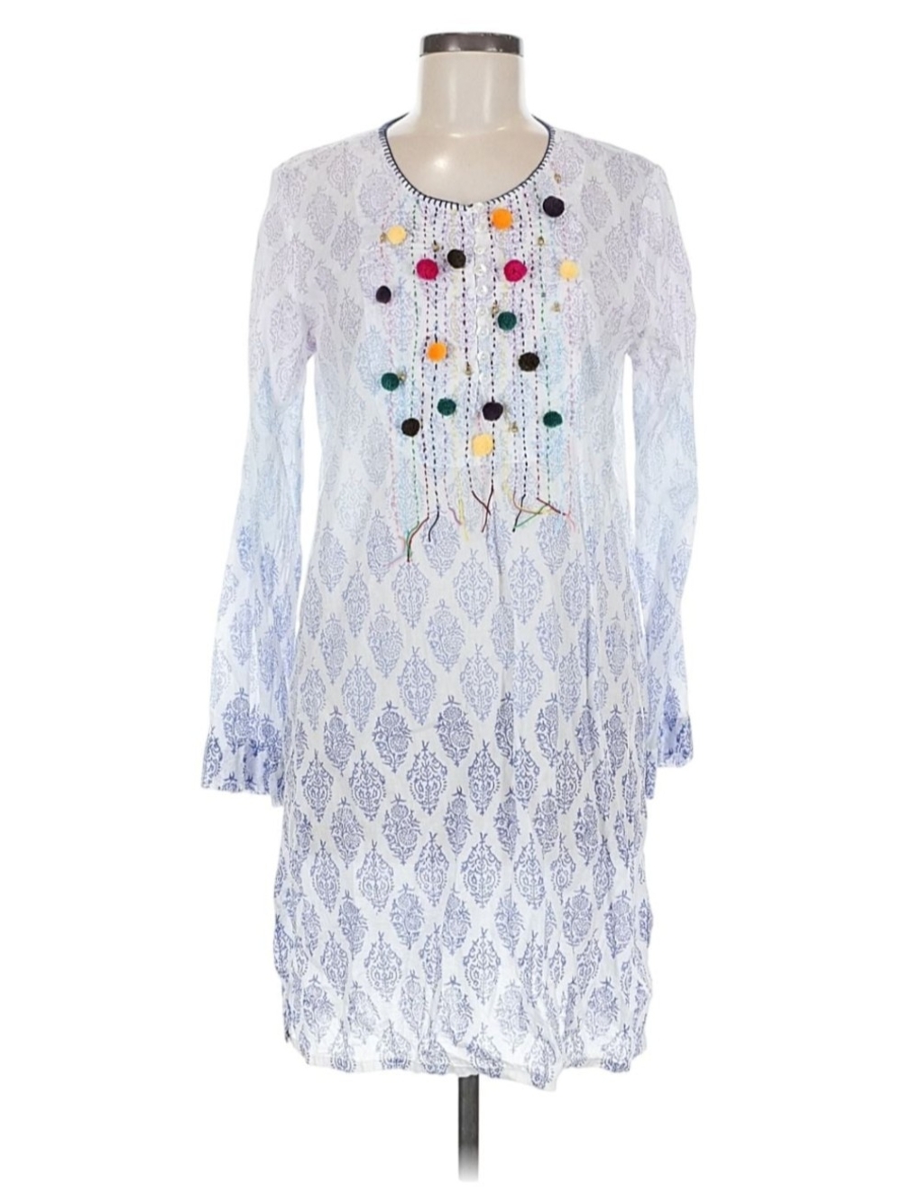 Light Blue Patterned Women’s Kurta with Multicolor Pom Details